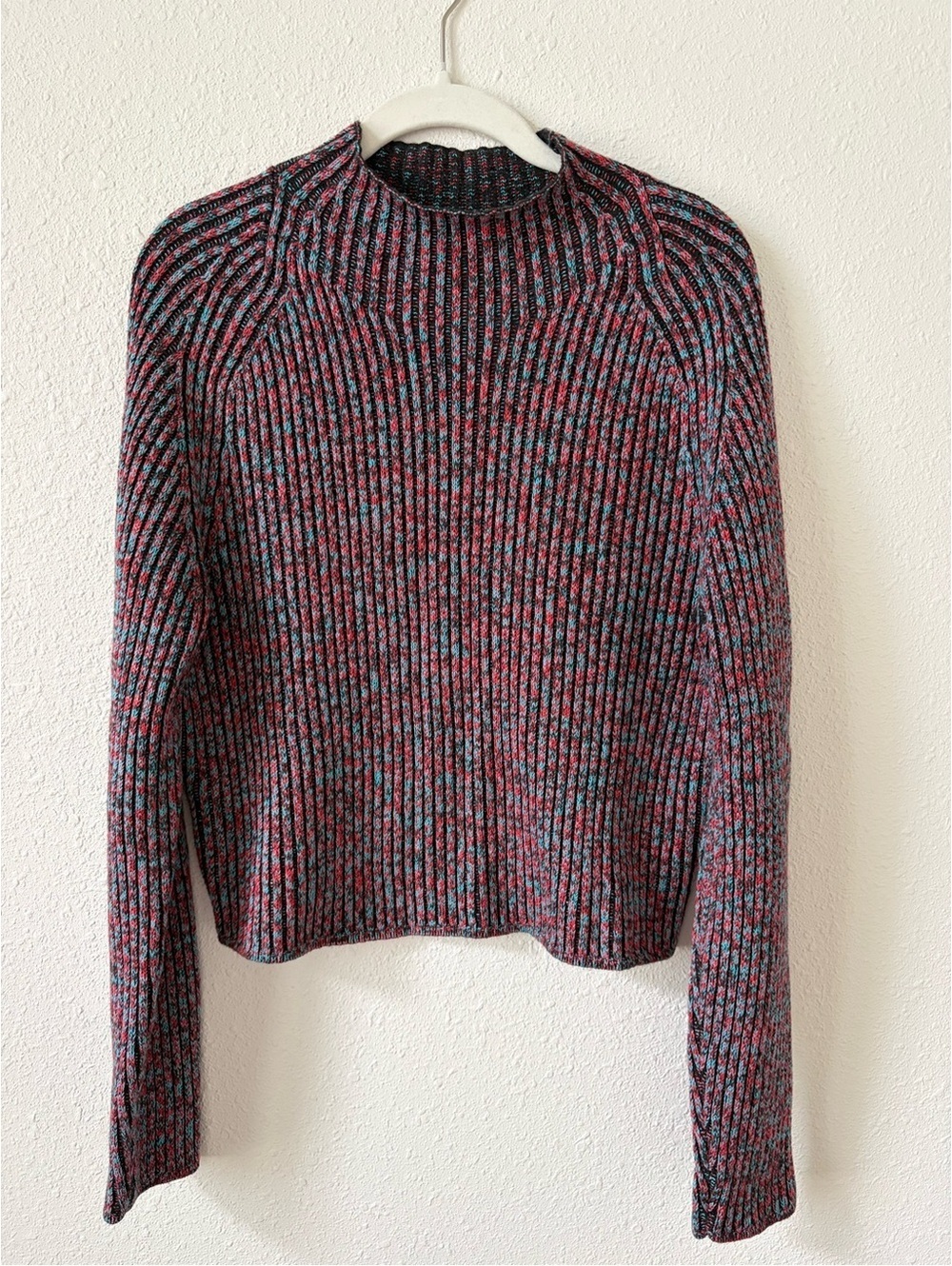 Lululemon Cotton Cashmere Blend Mock Neck Sweater Carnation Red Turquoise Size 6